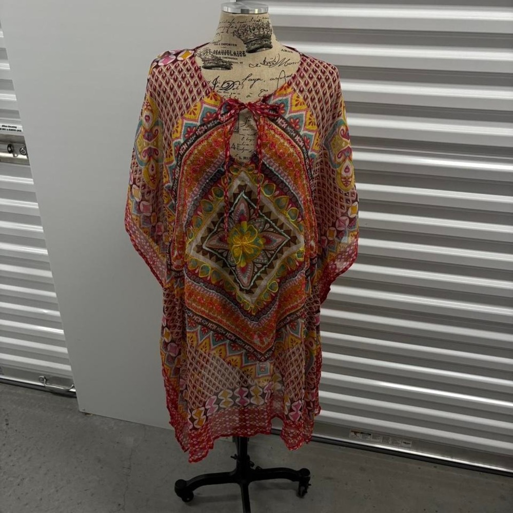 Vintage 90s y2k beaded boho colorful swim cover up poncho.